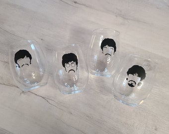 Hand Painted Beatles Set of 4 Silhouette Glasses Available in Wine Glasses or Whiskey Glasses.