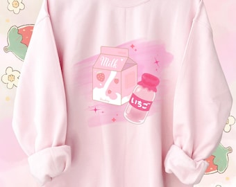 Sudadera con estampado de leche de fresa, Sudadera Kawaii, Ropa Kawaii, Ropa Harajuku, Estética Anime, Sudadera japonesa UNISEX, Regalo, linda leche