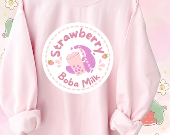 Suéter Boba de Fresa, Sudadera Kawaii, Ropa Harajuku, Estética Anime, Suéter Boba, Sudadera Linda, Estética Anime, Té de Burbujas