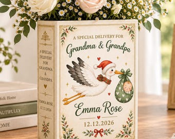 Personalized Pregnancy Announcement Ceramic Book Vase, Custom Special Delivery Vase, Stork Baby Reveal Christmas Gift Grandparents Keepsake