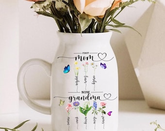 Custom Birth Flower Flower Vase, First Mom Now Grandma Gift, Grandmas Garden Flower Vase, Grandma Gift from Grandkid, Mothers Day Gifts