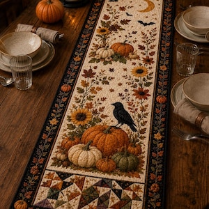 May include: A rectangular fabric table runner featuring a cream-coloured centre panel with a printed autumn motif of pumpkins, sunflowers, fall leaves, a black crow, bats, and a crescent moon, bordered by a dark fabric with a repeating leaf pattern.