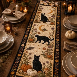 Peut inclure: Un chemin de table matelassé rectangulaire au fond crème, orné d'illustrations répétées de chats noirs, de croissants de lune, de papillons de nuit, de citrouilles et de motifs floraux, bordé d'une bande sombre à petites fleurs orange et jaunes.