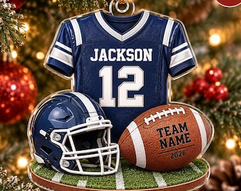 Personalized Football Jersey Christmas Ornament, Custom Team Name Jersey Helmet Acrylic 2D Flat Xmas Decor, Football Player Keepsake Gift