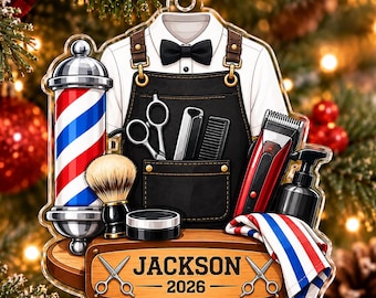 Personalized Barber Christmas Ornament, Custom Name Barber Pole Acrylic Xmas Decor, Hairstylist Barber Shop Owner Keepsake Gift 2026