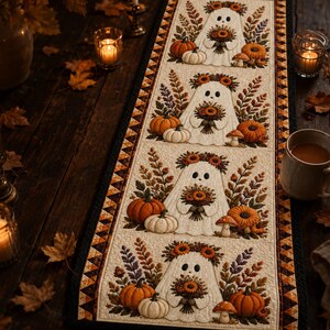 May include: A rectangular fabric table runner featuring a repeating pattern of four white ghosts wearing floral crowns and holding bouquets. The design includes orange pumpkins, white gourds, mushrooms, and autumn leaves with a geometric border.