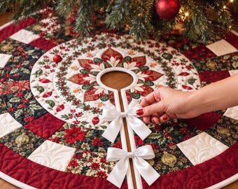 May include: A round quilted Christmas tree skirt featuring a patchwork design of red, dark green, and cream fabric with poinsettia, holly, and gold ornament patterns. The skirt has a center opening and two white satin ribbon bows for closure.