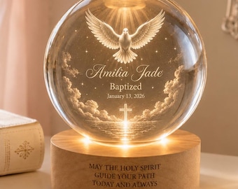 Personalized Baptism Crystal Ball Night Light, Custom Baptized Night Light, Christian Baby Gift, Custom Christening Keepsake, Nursery Decor
