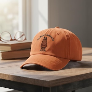 May include: An orange baseball cap with the text "I'M MILDLY IRRITATED" arched above a cartoon illustration. The cap has a curved brim and a button on top. The hat is sitting on a wooden table.