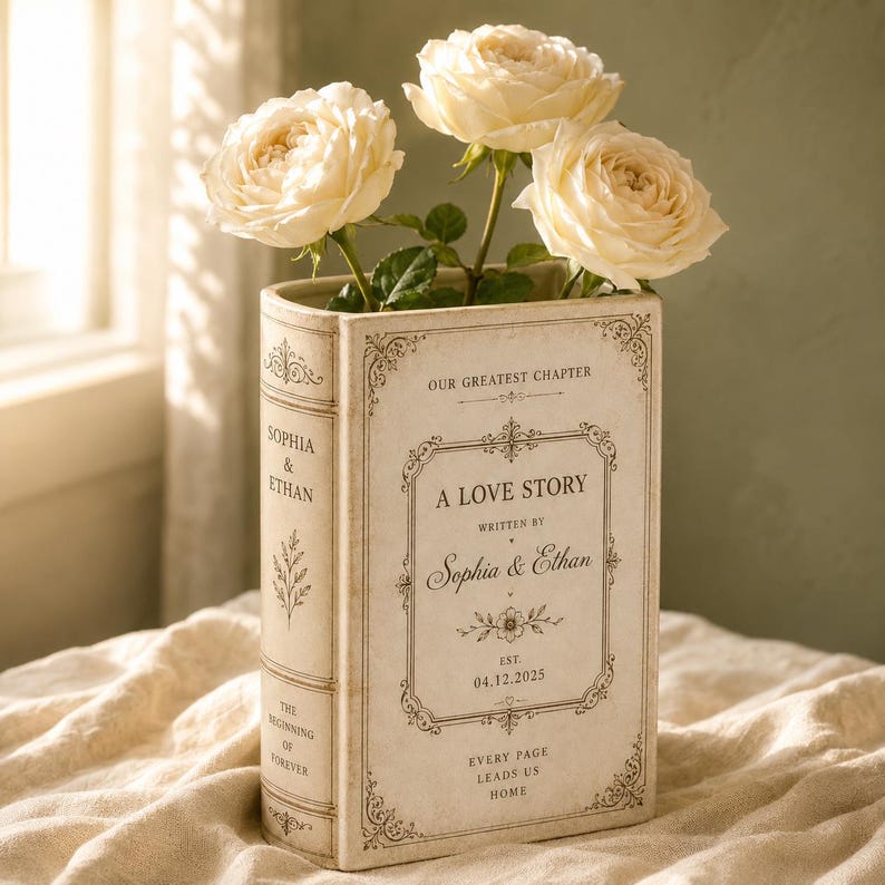 Custom Toile De Jouy Ceramic Book Vase, Personalised Wedding Gift for Couple, Bridal Shower Gift, Engagement, Wedding Gift, Bridesmaid Gift image 1