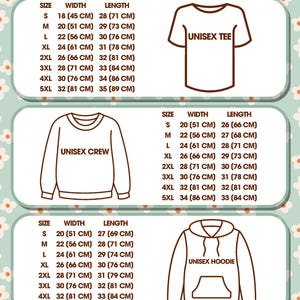 May include: Size charts for unisex t-shirts, crewnecks, and hoodies, with measurements in cm. Sizes range from S to 5XL. The image includes the text "UNISEX TEE", "UNISEX CREW", and "UNISEX HOODIE", with width and length measurements.