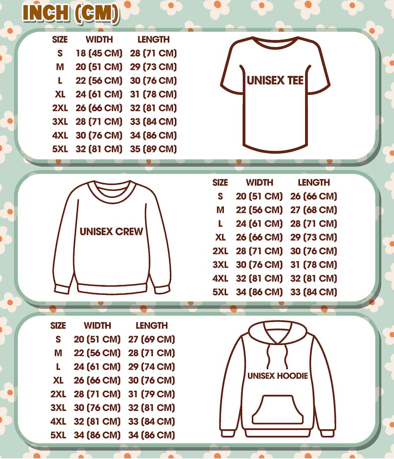 May include: Size charts for unisex t-shirts, crewnecks, and hoodies, with measurements in cm. Sizes range from S to 5XL. The image includes the text "UNISEX TEE", "UNISEX CREW", and "UNISEX HOODIE", with width and length measurements.