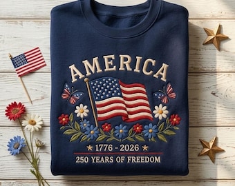 Geborduurd shirt VS 250e verjaardag, Amerika 250 jaar ronde hals, shirt 1776 2026, T-shirt patriottische adelaar, shirt 4 juli 2026