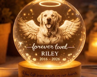 Personalized Pet Photo Memorial Crystal Globe, Pet Memorial Night Light, Engraved Pet Keepsake for Dog Lover, Dog Cat Loss Sympathy Gift