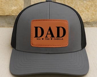 Personalized Dad Hat with Kids Names, Custom Leather Patch Baseball Cap, Custom Dad Caps, Unique Dad Gift, Dad Trucker Hat, Fathers Day Gift