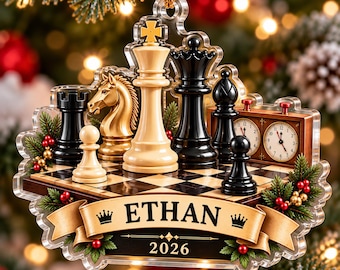 Personalized Chess Lover Christmas Ornament, Custom Name Chess Player Acrylic Xmas Decor, Chess Club Grandmaster Keepsake Gift Teen Boy Girl