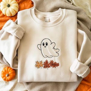 Embroidered Fall Ghost Sweatshirt, Autumn Cozy Season Sweatshirt, Pumpkin, Embroidered Mushroom Sweater, Halloween Sweatshirt, Fall Apparel