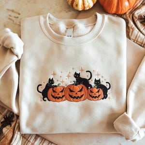 Embroidered Halloween Black Cat Sweatshirt, Pumpkin Fall Sweater, Halloween Crewneck, Cute Autumn Spooky Season, Bat Tee Top, Cat Lover Gift
