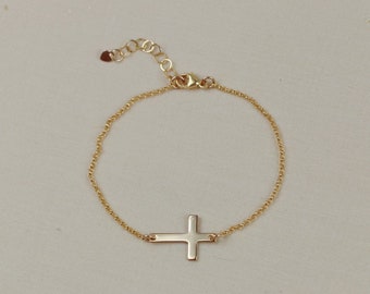 Horizontal Cross Gold filled Chain, Chirstmas Gift, Dainty Faith Gold Bracelet, Simple Chain Bracelet with Cross Pendant, Jesus Bracelet