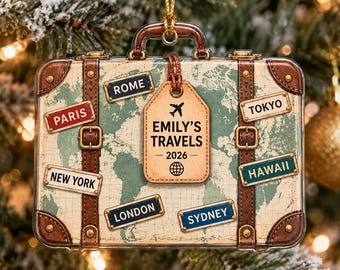 Personalized Travel Suitcase Christmas Ornament 2D Flat Printed, Custom Map Acrylic Xmas Decor, Vacation Keepsake Gift, Travel Lover Gift