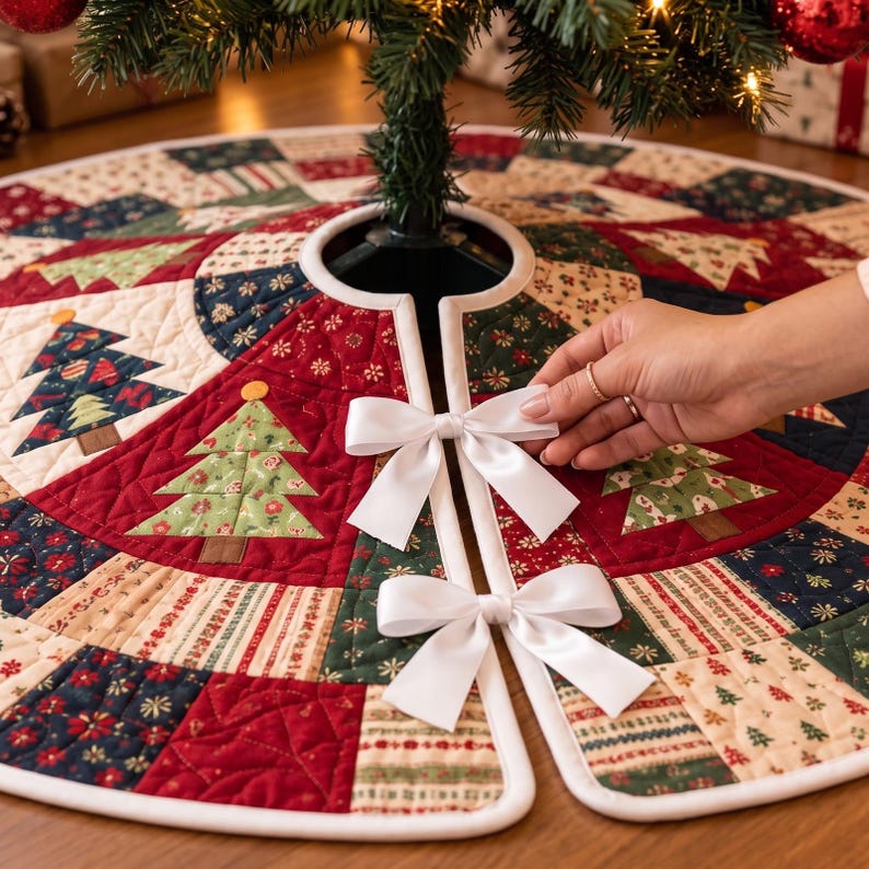 May include: A round quilted Christmas tree skirt featuring a patchwork design of red, green, and cream fabric panels with printed Christmas tree motifs. The skirt has a central opening secured by two white satin ribbon bows with white piping.