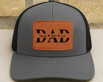 Custom Dad Hat With Kids Names, Personalized Fathers Day Gifts for Dad, American Flag Dad Hat, Dad Trucker Hat, Dad Leather Patch Hat