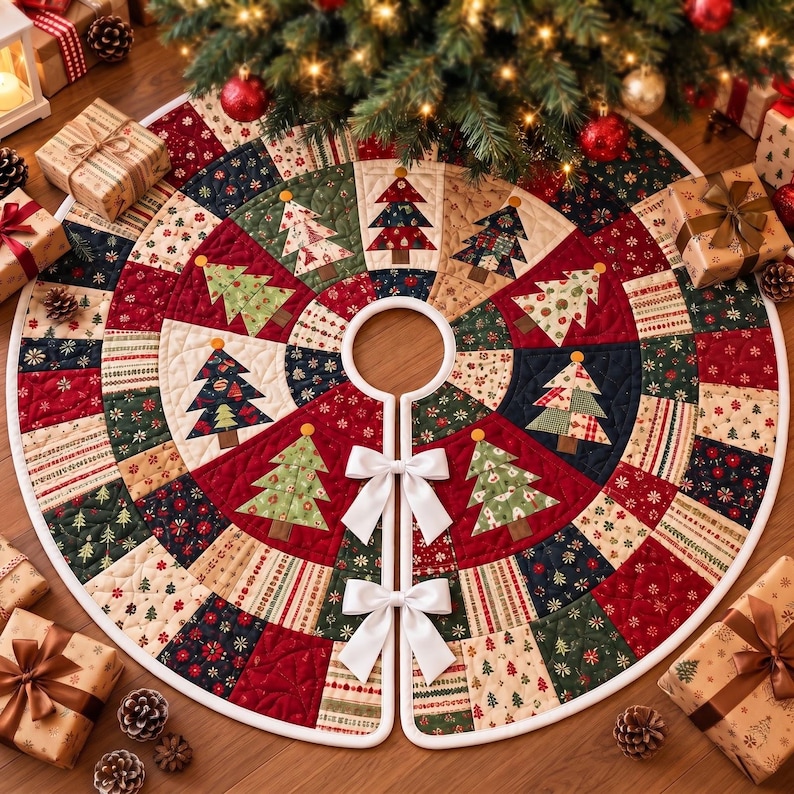 May include: A circular quilted Christmas tree skirt featuring a patchwork design of various holiday-themed fabrics in red, green, cream, and navy blue. The skirt displays multiple appliqued Christmas tree motifs and two white ribbon bows.