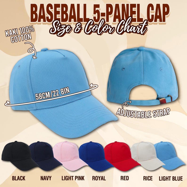 Pu&ograve; includere: Cappellino da baseball a 5 pannelli azzurro, 58 cm di circonferenza, con cinturino regolabile. L'immagine mostra anche il cappellino in nero, blu navy, rosa chiaro, blu reale, rosso, riso e azzurro. Il testo recita "Baseball 5-Panel Cap" e "Size & Color Chart."