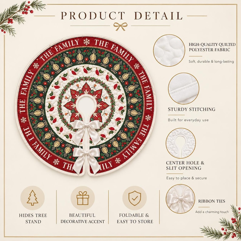 May include: A round quilted Christmas tree skirt featuring a red border with the repeating text THE FAMILY, a green band with holly and berry patterns, and a central white star design. It includes two white ribbon ties at the front slit opening.