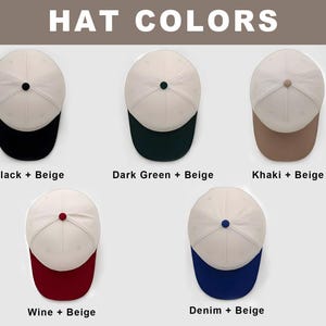 Pu&ograve; includere: Vista dall'alto di cinque cappellini da baseball con corona beige e visiera colorata. Le visiere sono nere, verde scuro, kaki, vino e denim. Il testo "HAT COLORS" &egrave; in alto, con le combinazioni di colori sotto.