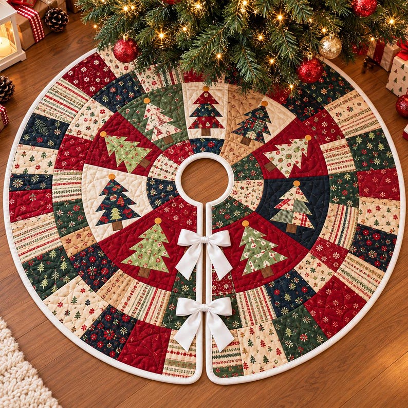 May include: A circular quilted Christmas tree skirt featuring a patchwork design of red, green, and cream fabric panels. The pattern includes various Christmas tree motifs and snowflake prints. Two white satin bows secure the front opening.