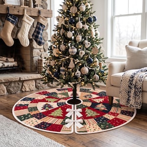May include: A circular quilted Christmas tree skirt featuring a patchwork design of red, green, and cream fabric panels with printed tree motifs and geometric patterns. The skirt has a central opening and two white ribbon bows for closure.
