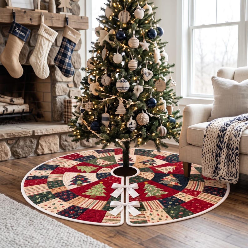 May include: A circular quilted Christmas tree skirt featuring a patchwork design of red, green, and cream fabric panels with printed tree motifs and geometric patterns. The skirt has a central opening and two white ribbon bows for closure.