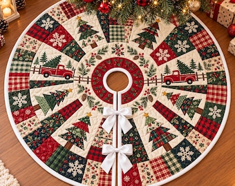 Christmas Tree Skirt Quilt, Quilted Vintage Red Truck Christmas Tree Skirt, Holiday Rustic Farmhouse Decor Christmas Home Gift, Home Decor