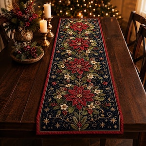 May include: A rectangular table runner featuring a dark navy blue background with a repeating pattern of large red poinsettia flowers, white blossoms, green holly leaves, pine cones, and gold star accents, finished with a red fabric border.