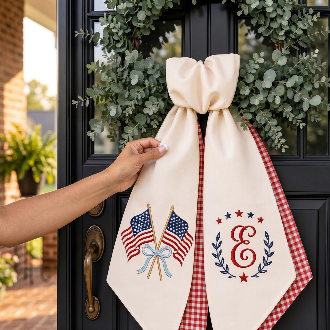 Embroidered Custom Monogram Patriotic Wreath Sash, Custom Family Name Embroidered Patriotic Sash, 1776-2026 4th of July Front Door Decor - White, Red Plaid