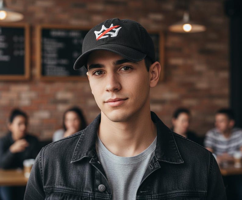 Pu&ograve; includere: Cappellino da baseball nero con logo rosso e bianco. Il cappellino &egrave; indossato da una persona che indossa una maglietta grigia e una giacca di jeans nera. Lo sfondo comprende un muro di mattoni e persone sedute ai tavoli.