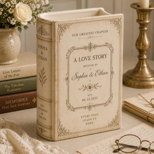 May include: A cream-colored ceramic book-shaped vase featuring decorative borders and the printed text: Our Greatest Chapter, A Love Story, Written by Sophia & Ethan, Est. 04.12.2025, and Every Page Leads Us Home, with Sophia & Ethan on the spine.