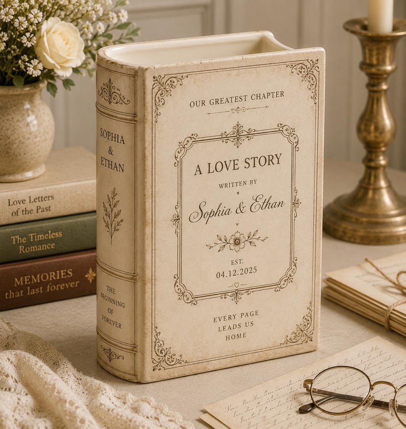 May include: A cream-colored ceramic book-shaped vase featuring decorative borders and the printed text: Our Greatest Chapter, A Love Story, Written by Sophia & Ethan, Est. 04.12.2025, and Every Page Leads Us Home, with Sophia & Ethan on the spine.