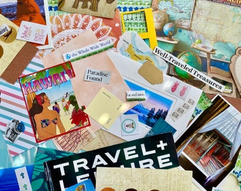 May include: A collage of travel-themed paper scraps, including a postcard of Hawaii, a map of Panama, and a sign that says "Well-Traveled Treasures".
