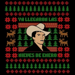 Peut inclure: Un pull de Noël noir et vert avec un motif de flocons de neige blancs. Le pull présente une image de dessin animé d'un homme portant un chapeau de cowboy et le texte "YA LLEGARON LAS NIEVES DE ENERO".