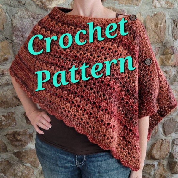 MOTIF AU CROCHET, cape de poncho en cristal, écharpe de poncho à boutons, châle polyvalent, instructions écrites avec photos, téléchargement numérique instantané PDF