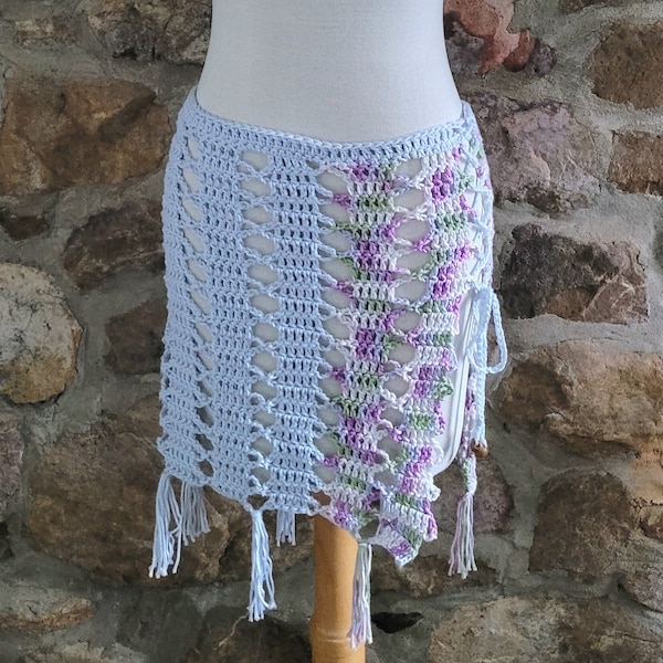 Swim Cover Up, Beach Skirt, My Bruges Lace, soft cotton, fringed wrap skirt, lace up skirt M L, blue purple, handmade crochet, gift