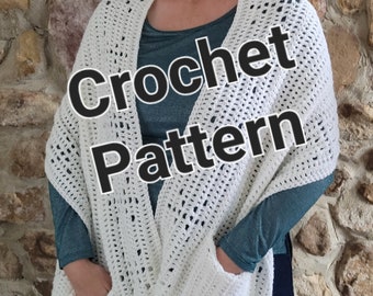 CROCHET PATTERN, Snowflake Pocket Shawl, No Sew Design, Rectangle Fringe, written instructions and photos, instant digital download PDF