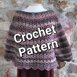 May include: A crochet pattern for a brown and purple poncho with a scalloped edge. The text "Crochet Pattern" is superimposed on the image.