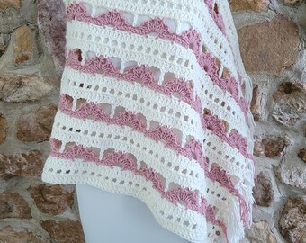 Rectangle Shawl, Flower Box Shawl, Pink Ivory Stripes, soft and cozy wrap, handmade crochet, Floral Bed Runner, Anniversary Mothers Day gift