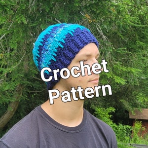 May include: A blue and turquoise crochet hat with a pointed design. The hat is being worn by a person. Crochet Pattern.