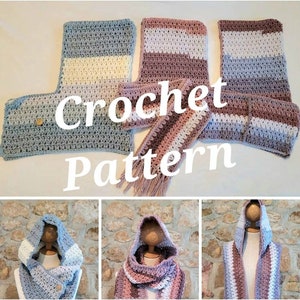May include: Crochet pattern for a hooded scarf in two color variations: blue and white, and pink and white. The pattern includes instructions for crocheting the scarf and hood.