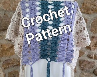 May include: Crochet pattern for a colorful, open-stitch top with fringe. The top is made in shades of purple, teal, and beige.