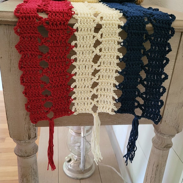 Table Runner, My Bruges Lace, mercerized cotton, patriotic table accessory, unique home decor, handmade crochet, 4th of July, Memorial Day